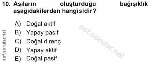 10. soru: Aşıların oluşturduğu bağışıklık aşağıdakilerden hangisidir? A) Doğal aktif B) Yapay pasif C) Doğal direnç D) Yapay ak…
