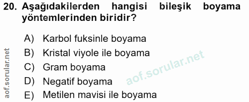 20. soru: Aşağıdakilerden hangisi bileşik boyama yöntemlerinden biridir? A) Karbol fuksinle boyama B) Kristal viyole ile boyama…