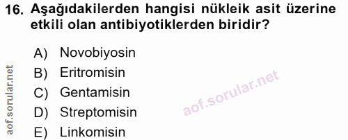 16. soru: Aşağıdakilerden hangisi nükleik asit üzerine etkili olan antibiyotiklerden biridir? A) Novobiyosin B) Eritromisin C)…