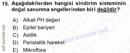 15. soru: Aşağıdakilerden hangisi sindirim sisteminin doğal savunma engellerinden biri değildir? A) Alkali PH değeri B) Epitel…