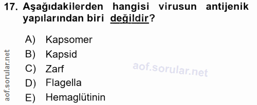 17. soru: Aşağıdakilerden hangisi virusun antijenik yapılarından biri değildir? A) Kapsomer B) Kapsid C) Zarf D) Flagella E) He…