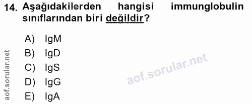 14. soru: Aşağıdakilerden hangisi immunglobulin sınıflarından biri değildir? A) IgM B) IgD C) lgS D) IgG E) IgA