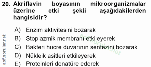 20. soru: Akriflavin boyasının mikroorganizmalar üzerine etki şekli aşağıdakilerden hangisidir? A) Enzim aktivitesini bozarak B…