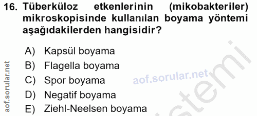 16. soru: Tüberküloz etkenlerinin (mikobakteriler) mikroskopisinde kullanılan boyama yöntemi aşağıdakilerden hangisidir? A) Kap…
