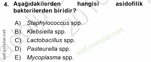 4. soru: Aşağıdakilerden hangisi asidofilik bakterilerden biridir? A) Staphylococcus spp. B) Klebsiella spp. C) Lactobacillus…