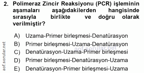2. soru: Polimeraz Zincir Reaksiyonu (PCR) işleminin aşamaları aşağıdakilerden hangisinde sırasıyla birlikte ve doğru olarak v…