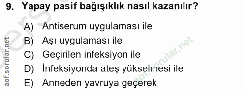 9. soru: Yapay pasif bağışıklık nasıl kazanılır? A) Antiserum uygulaması ile B) Aşı uygulaması ile lar.net C) Geçirilen ineksi…