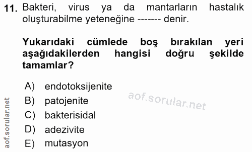 11. soru: Bakteri, virus ya da mantarların hastalık oluşturabilme yeteneğine ----- denir. Yukarıdaki cümlede boş bırakılan yeri…