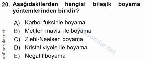 20. soru: Aşağıdakilerden| hangisi bileşik boyama yöntemlerinden biridir? A) Karbol fuksinle boyama B) Metilen mavisi ile boyam…