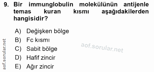 9. soru: Bir immunglobulin molekülünün antijenle temas kuran Kismı aşağıdakilerden hangisidir? A) Değişken bölge B) Fc kısmı C…