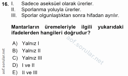 16. soru: 1. Sadece aseksüel olarak ürerler. II. Sporlanma yoluyla ürerler. IlI. Sporlar olgunlaştıktan sonra hifadan ayrılır.…