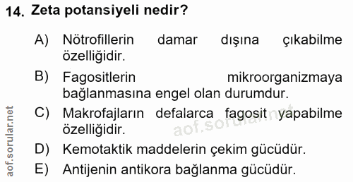 14. soru: Zeta potansiyeli nedir? A) Nötrofillerin damar dışına çıkabilme özelliğidir. B) Fagositlerin mikroorganizmaya bağlanm…