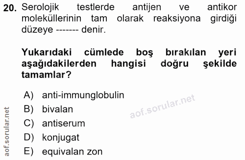 20. soru: Serolojik testlerde antijen ve antikor moleküllerinin tam olarak reaksiyona girdiği düzeye - denir. Yukarıdaki cümled…