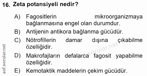 16. soru: Zeta potansiyeli nedir? A) Fagositlerin mikroorganizmaya bağlanmasına engel olan durumdur. B) Antijenin antikora bağl…