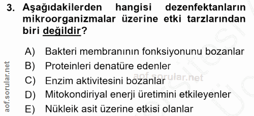 3. soru: Aşağıdakilerden hangisi dezenfektanların mikroorganizmalar üzerine etki tarzlarından biri değildir? A) Bakteri membra…