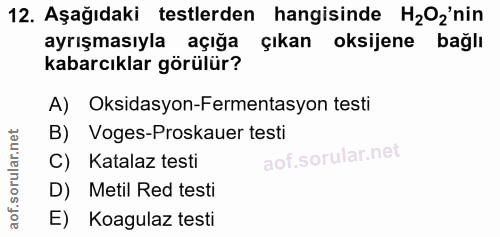 12. soru: Aşağıdaki testlerden hangisinde H2Oz'nin ayrışmasıyla açığa çıkan oksijene bağlı kabarcıklar görülür? A) Oksidasyon-F…