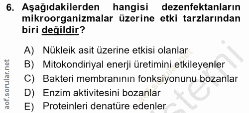 6. soru: Aşağıdakilerden hangisi dezenfektanların mikroorganizmalar üzerine etki tarzlarından biri değildir? A) Nükleik asit ü…