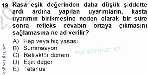 19. soru: Kasa eşik değerinden daha düşük şiddette ardı ardına yapılan uyarımların, kasta üyarımın birikmesine neden olarak bir…