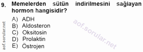 9. soru: Memelerden sütün indirilmesini sağlayan hormon hangisidir? A) ADH B) Aldosteron C) Oksitosin D) Prolaktin E) Östrojen
