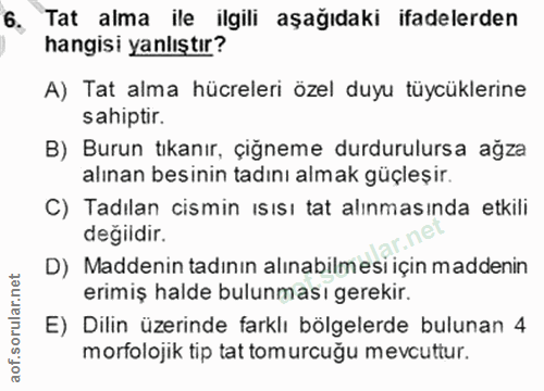 6. soru: Tat alma ile ilgili aşağıdaki ifadelerden hangisi yanlıştır? A) Tat alma hücreleri özel duyu tüycüklerine sahiptir. B…