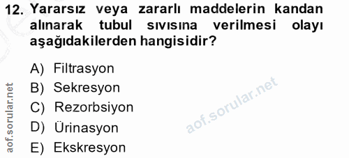 12. soru: Yararsız veya zararlı maddelerin kandan alınarak tubul sıvısına verilmesi olayı aşağıdakilerden hangisidir? A) Filtra…