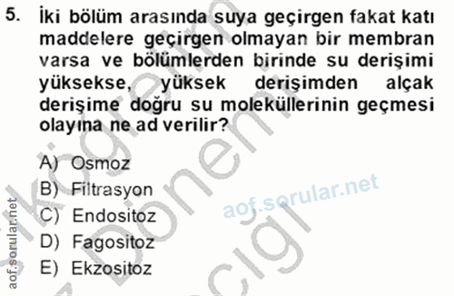 5. soru: İki bölüm arasında suya geçirgen fakat katı maddelere geçirgen olmayan bir membran varsa ve bölümlerden birinde su de…