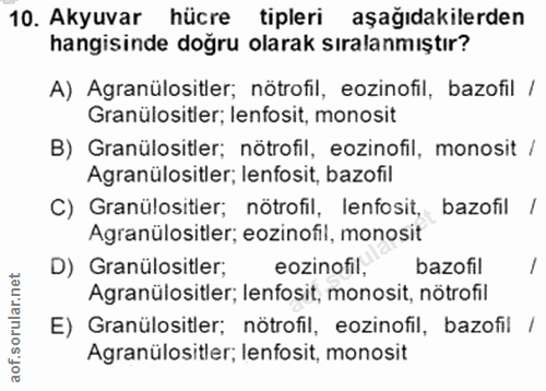 10. soru: Akyuvar hücre tipleri aşağıdakilerden hangisinde doğru olarak sıralanmıştır? A) Agranülositler; nötrofil, eozinofil,…