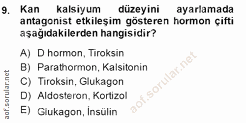 9. soru: Kan kalsiyum düzeyini ayarlamada antagonist etkileşim gösteren hormon çifti aşağıdakilerden hangisidir? A) D hormon,…