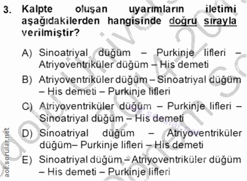 3. soru: Kalpte oluşan uyarımların iletimi aşağıdakilerden hangisinde doğru sırayla verilmiştir? A) Sinoatriyal, düğüm - Purki…