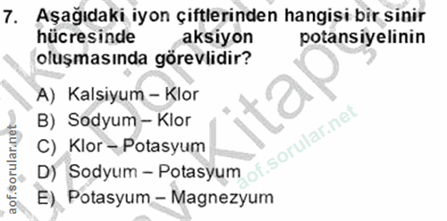 7. soru: Aşağıdaki iyon çiftlerinden hangisi bir sinir hücresinde aksiyon potansiyelinin oluşmasında görevlidir? A) Kalsiyum -…