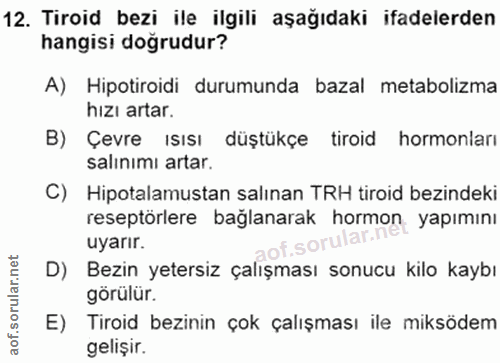 12. soru: Tiroid bezi ile ilgili aşağıdaki ifadelerden hangisi doğrudur? A) Hipotiroidi durumunda bazal metabolizma hızı artar.…