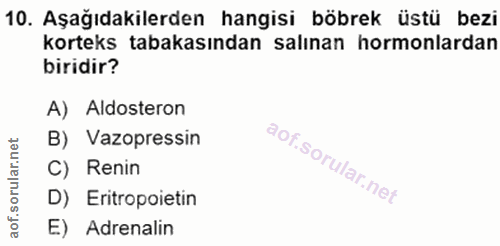 10. soru: Aşağıdakilerden hangisi böbrek üstü bezi korteks tabakasından salınan hormonlardan biridir? A) Aldosteron B) Vazopres…