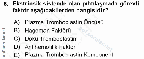 6. soru: Ekstrinsik sistemle olan pıhtılaşmada görevli faktör aşağıdakilerden hangisidir? A) Plazma Tromboplastin Öncüsü B) Ha…