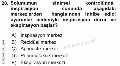 20. soru: Solunumun sinirsel kontrolünde, inspirasyon sonunda aşağıdaki merkezlerden hangisinden inhibe edici uyarımlar nedeniy…