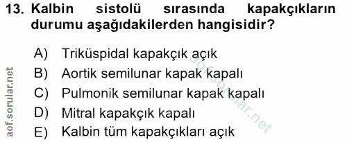 13. soru: Kalbin sistolü sırasında kapakçıkların durumu aşağıdakilerden hangisidir? A) Triküspidal kapakçık açık B) Aortik semi…
