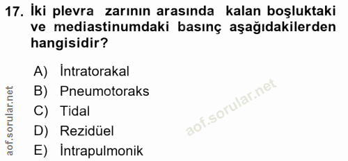 17. soru: Iki plevra zarının arasında kalan boşluktaki ve mediastinumdaki basınç aşağıdakilerden hangisidir? A) Intratorakal B)…