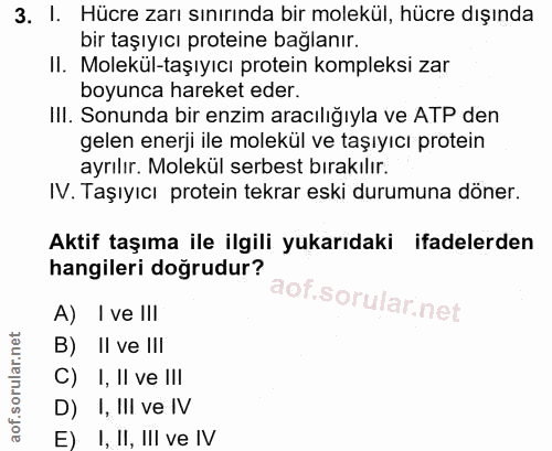 3. soru: I. Hücre zarı sınırında bir molekül, hücre dışında bir taşıyıcı proteine bağlanır. Il. Molekül-taşıyıcı protein kompl…