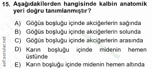 15. soru: Aşağıdakilerden hangisinde kalbin anatomik yeri doğru tanımlanmıştır? A) Göğüs boşluğu içinde akciğerlerin sağında B)…