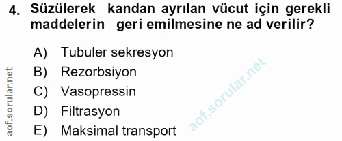 4. soru: Süzülerek kandan ayrılan vücut için gerekli maddelerin geri emilmesine ne ad verilir? A) Tubuler sekresyon B) Rezorbs…
