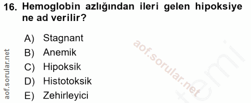 16. soru: Hemoglobin azlığından ileri gelen hipoksiye ne ad verilir? A) Stagnant B) Anemik C) Hipoksik D) Histotoksik E) Zehirl…
