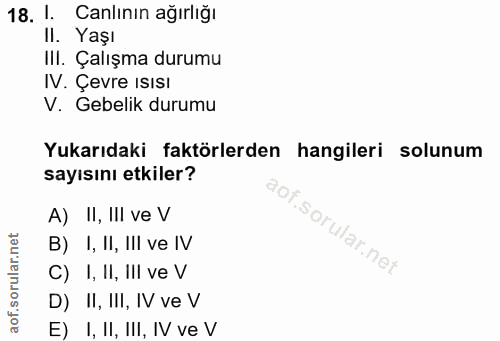 18. soru: 1. Canlının ağırlığı II. Yaşı IlI. Çalışma durumu IV. Çevre ISISI V. Gebelik durumu Yukarıdaki faktörlerden hangileri…