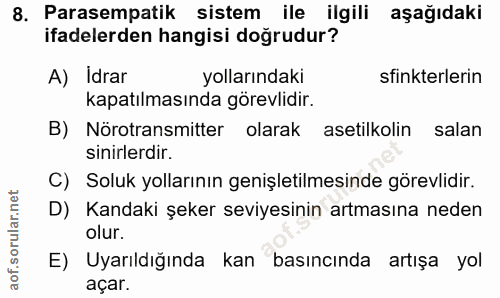 8. soru: Parasempatik sistem ile ilgili aşağıdaki ifadelerden hangisi doğrudur? A) Idrar yollarındaki sinkterlerin kapatılması…