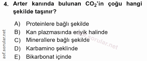 4. soru: Arter kanında bulunan COz'in çoğu hangi şekilde taşınır? A) Proteinlere bağlı şekilde B) Kan plazmasında eriyik halin…