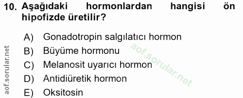 10. soru: Aşağıdaki hormonlardan hangisi ön hipofizde üretilir? A) Gonadotropin salgılaticı hormon B) Büyüme hormonu C) Melanos…