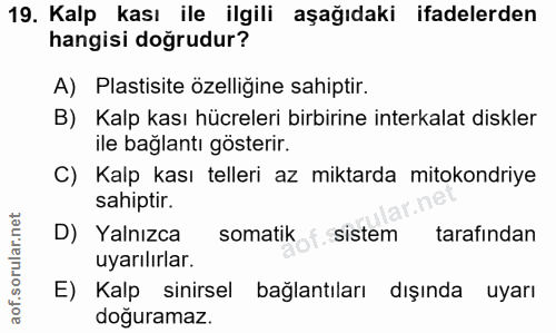 19. soru: Kalp kası ile ilgili aşağıdaki ifadelerden hangisi doğrudur? A) Plastisite özelligine sahiptir. B) Kalp kası hücreler…
