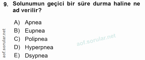 9. soru: Solunumun geçici bir süre durma haline ne ad verilir? A) Apnea rular.net B) Eupnea C) Polipnea D) Hyperpnea aof. E) D…