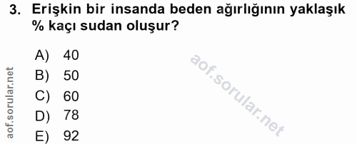 3. soru: Erişkin bir insanda beden ağırlığının yaklaşık % kaçı sudan oluşur? A) 40 B) 50 C) 60 D) 78 E) 92