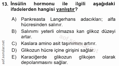 13. soru: Insülin hormonu ile ilgili aşağıdaki ifadelerden hangisi yanlıştır? A) Pankreasta Langerhans adacıkları; alfa hücresi…