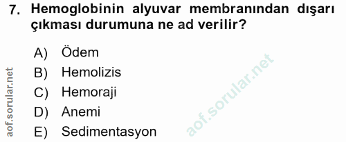 7. soru: Hemoglobinin alyuvar membranından dışarı çıkması durumuna ne ad verilir? A) Odem B) Hemolizis C) Hemoraji D) Anemi E)…