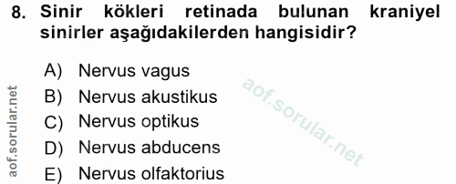 8. soru: Sinir kökleri retinada bulunan kraniyel sinirler aşağıdakilerden hangisidir? A) Nervus vagus B) Nervus akustikus C) N…